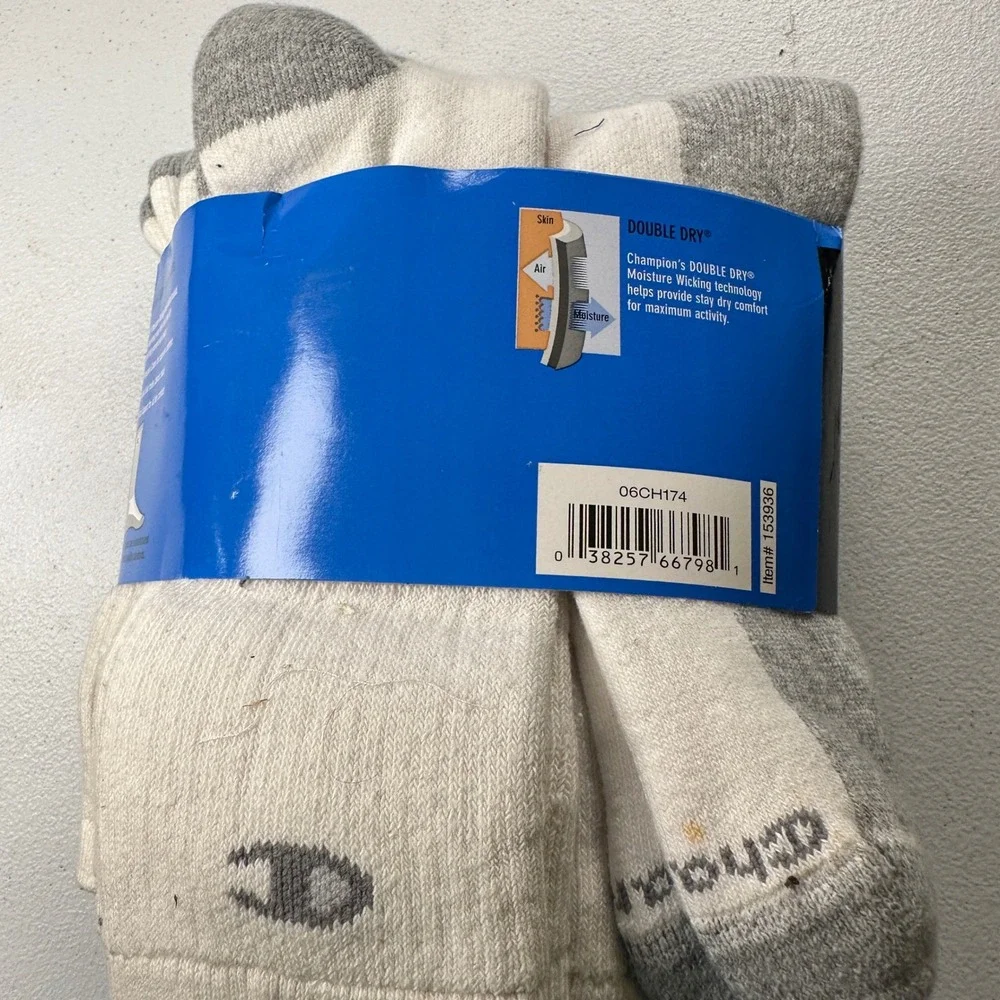 NOS Champion Elite Crew Socks White Grey Cotton Blend 6 Pair Pack Shoe Size 6-12